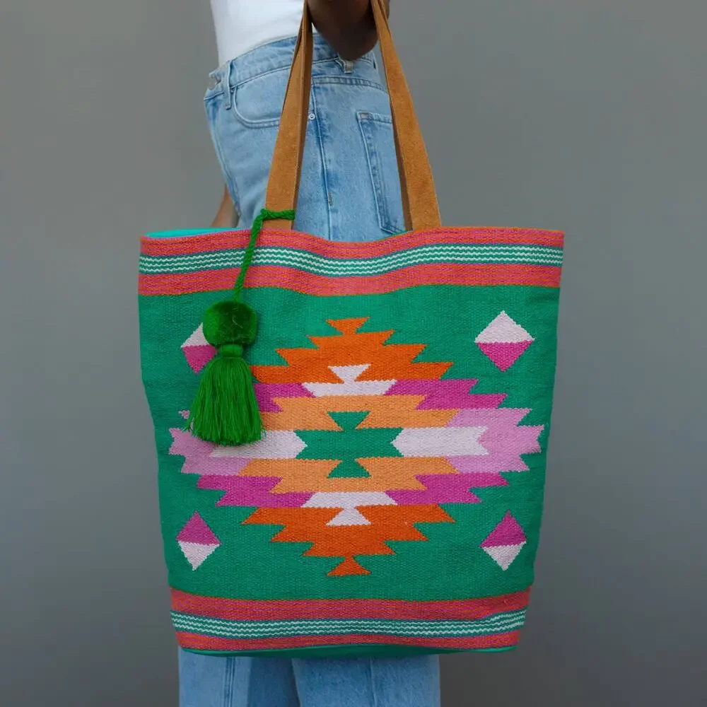 Green, Pink & Orange Western Woven Cotton Tote Bag | Boho Pom Tassel Tote